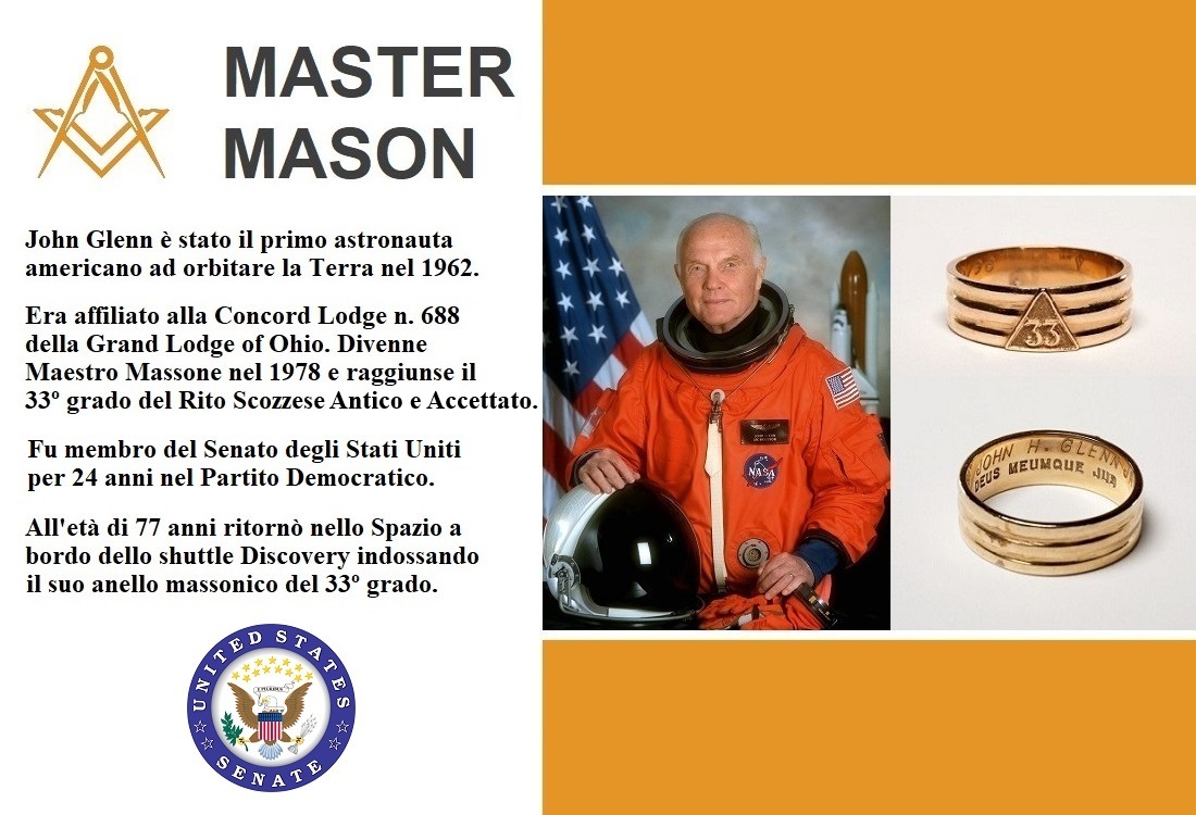 GrandeOrienteit's tweet photo. #AccaddeOggi #8dicembre 2016; spicca l'ultimo volo verso l'Oriente Eterno #JohnGlenn, primo astronauta USA🇺🇸 ad orbitare la Terra che fu anche membro del Senato per 24 anni. 
Era affiliato alla Concord Lodge della @GrandLodgeOhio ed a @TheScottishRite. #Massoneria #Freemason https://t.co/DRfD6vzKcc