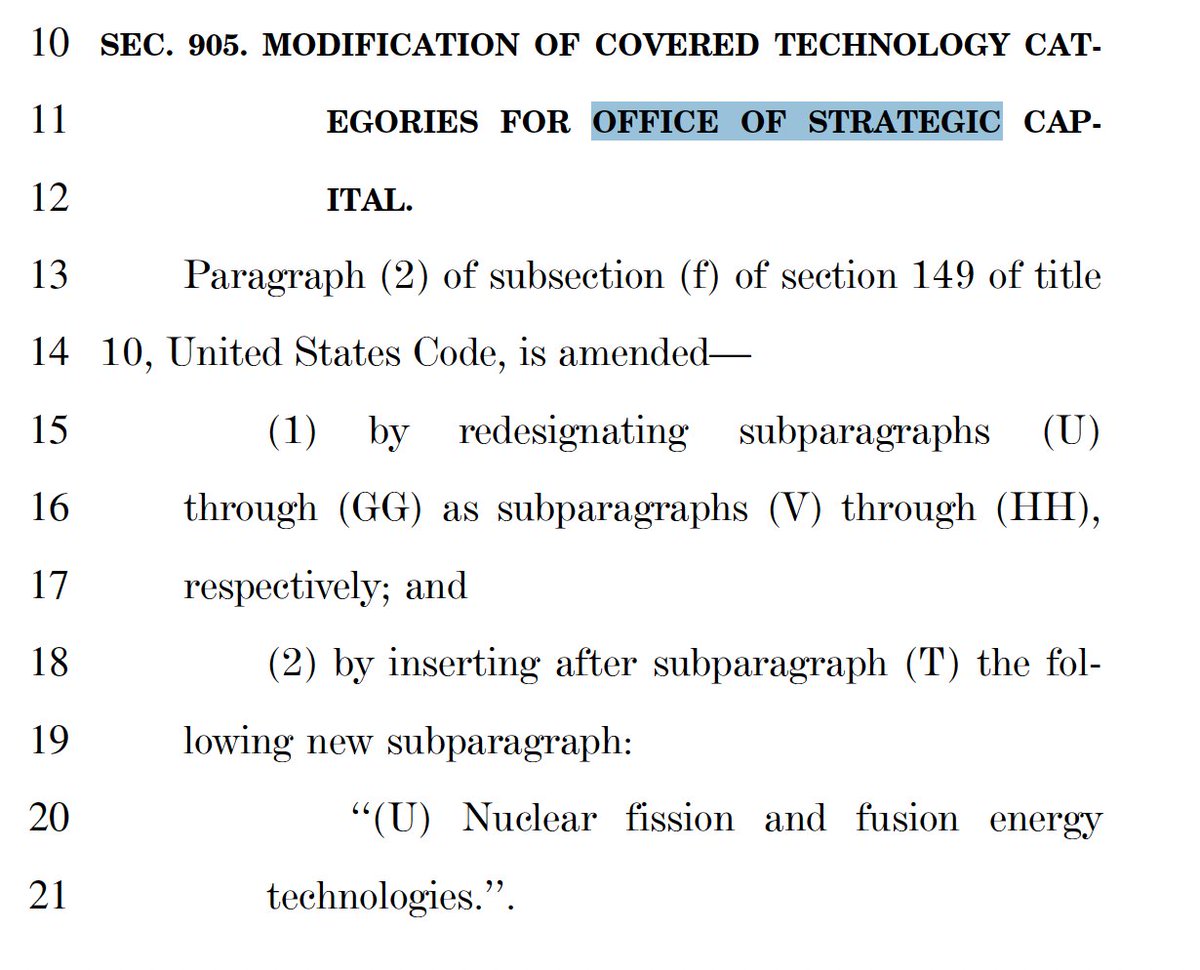 NDAA is out. Office of Strategic Capital gets:

a) Nuclear added as a strategic technology area; and 
b) New authorities to charge and collect fees, hire specialized help, and insulate its loan agreements from legal challenges