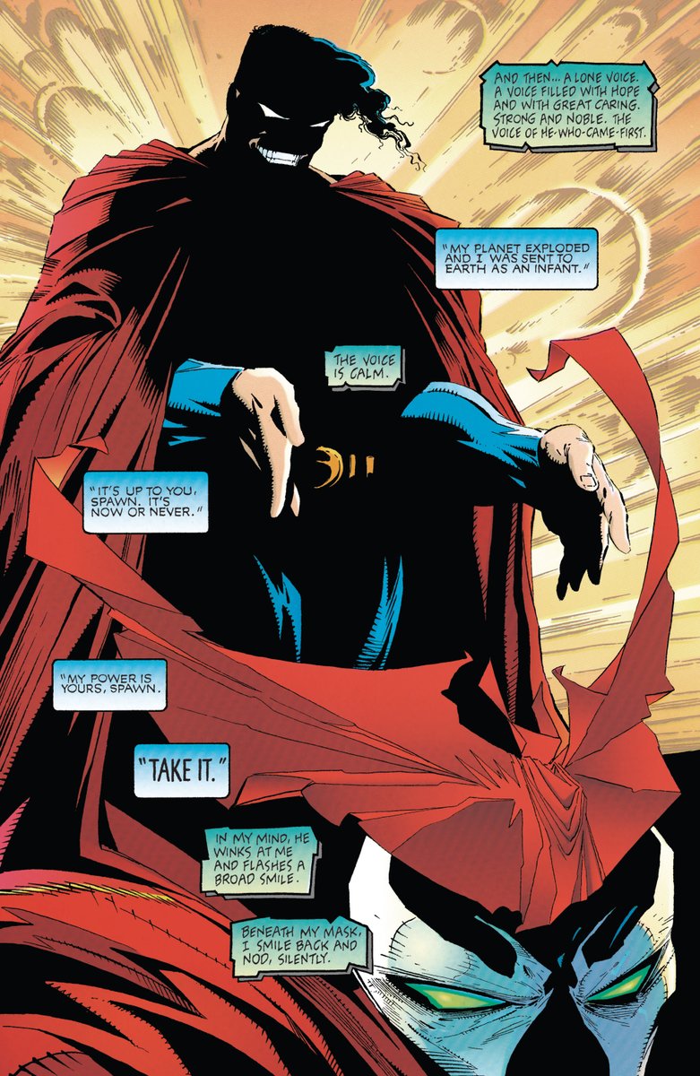 SpawnArchive's tweet photo. "And then...a lone voice. A voice filled with hope and with great caring. Strong and noble. The voice of He-Who-Came-First."

From Spawn #10. Art by @Todd_McFarlane 
#Spawn #Superman https://t.co/adMglcdrSb