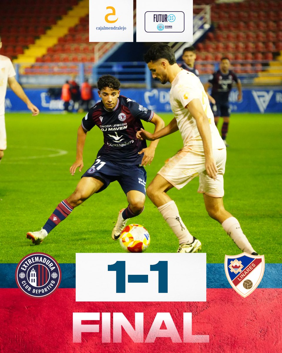 ⏩ Segunda Federación • Grupo 4

⏰ Minuto 90 | Segunda Parte

Final del Partido en el Estadio Francisco De La Hera de Almendralejo 

Reparto de puntos entre CD Extremadura y Linares Deportivo ⚽

CD Extremadura 1 - 1 Linares Deportivo