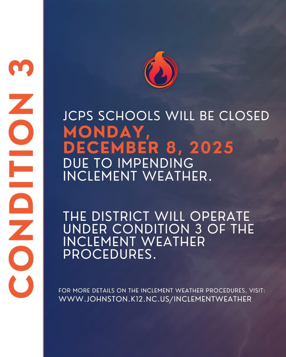 Due to the forecast of inclement weather and per the guidance of local emergency and safety officials, Johnston County Public Schools will be closed for all students tomorrow, Monday, December 8, 2025, as well as all extracurricular activities.