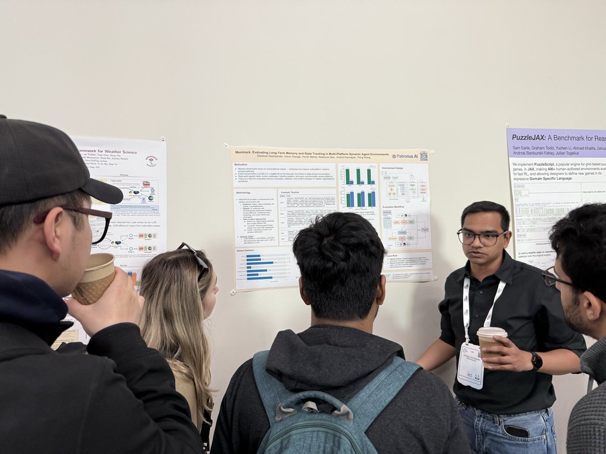 Come see <a href="/getdarshan/">Darshan Deshpande</a> and <a href="/VarunGangal/">Varun Gangal</a> present MEMTRACK at the Scaling Environments for Agents workshop right now at Upper Level 23ABC at #NeurIPS2025 San Diego🔥

We built a RL environment that measures long-term memory and state tracking by putting agents in a workplace with