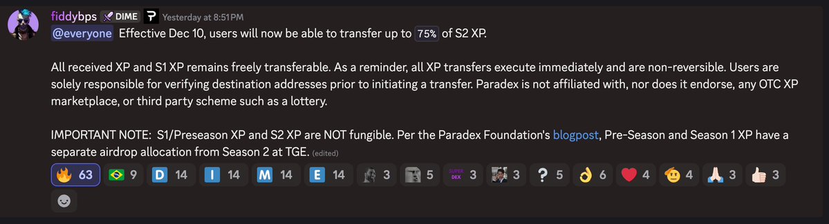 Paradex XP 전송 업데이트: S2 XP 75% 잠금 해제