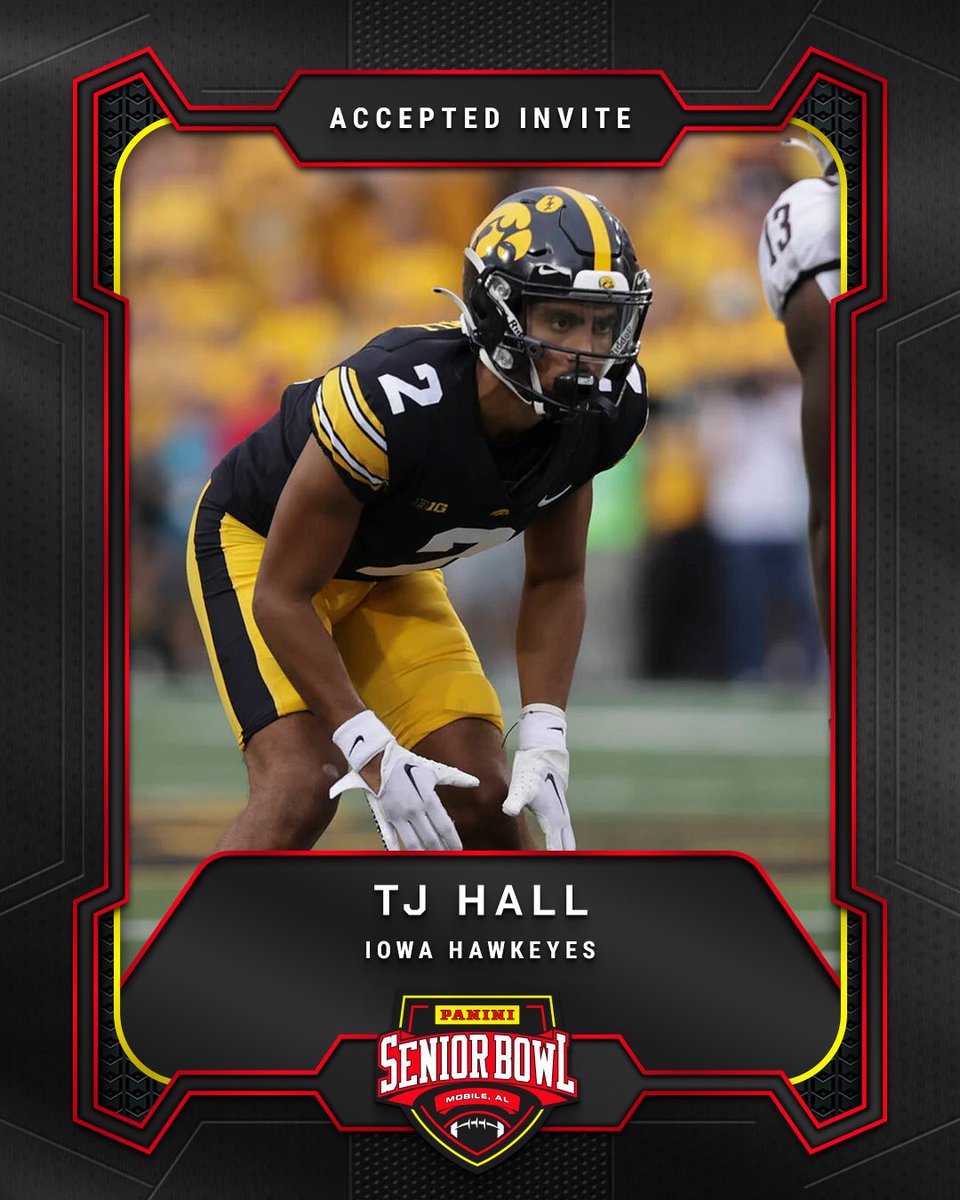 Officially Accepted!

DB T.J. Hall (<a href="/TjHalljr1/">Tj Hall jr</a>) from <a href="/HawkeyeFootball/">Hawkeye Football</a> is headed to the 2026 Panini Senior Bowl 🔥

#TheDraftStartsInMobile #WherePlayersPlay