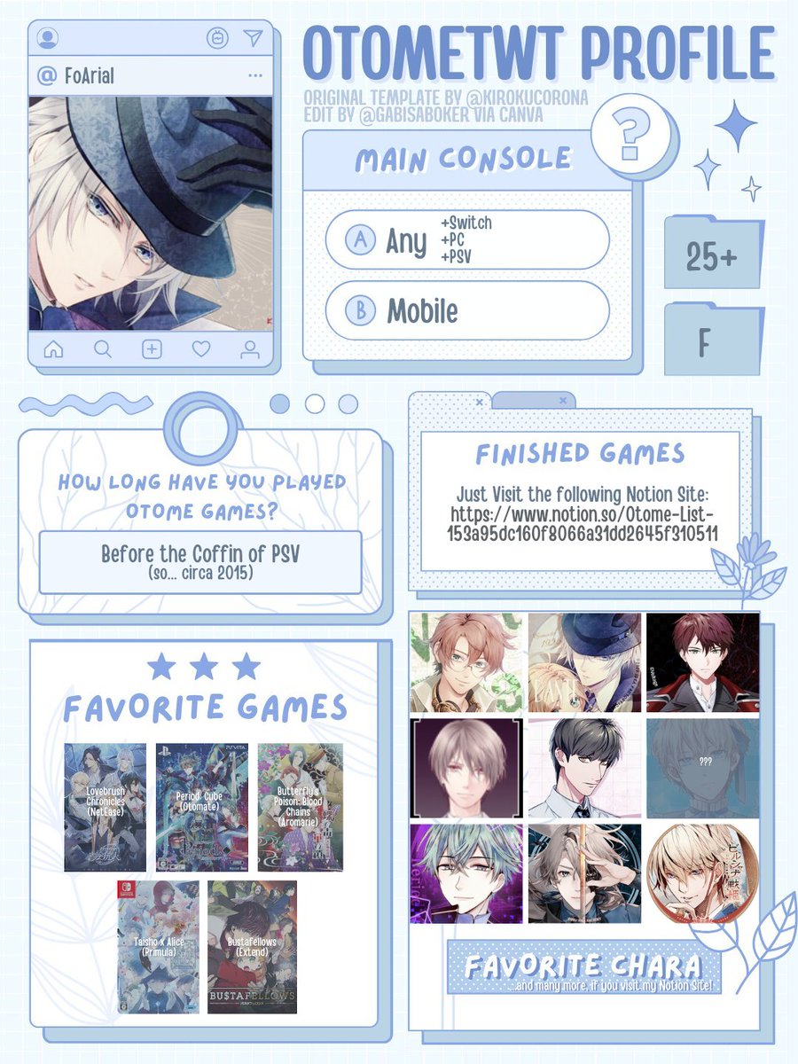 FoArial's tweet photo. It’s that time again for an updated #otometwtintro! （๑ ᷇ 𖥦 ᷆๑)♡ https://t.co/uEllsT1uXz
