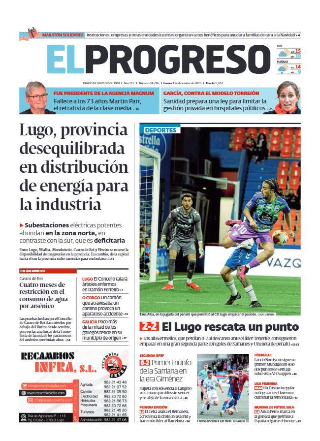 elprogreso_Lugo's tweet photo. #PortadaEP 📰 El desequilibrio de Lugo en distribución de energía para la industria y el empate del @CDeportivoLugo ante el @CDTOficial, entre los temas destacados de la primera plana de El Progreso este lunes 8 de diciembre https://t.co/KE6V49wAtk