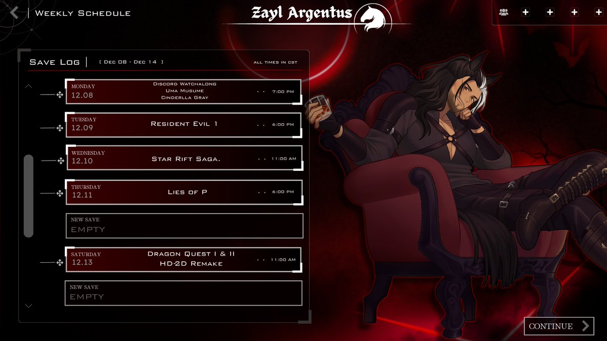 Schedule for 12/08-12/14
Vacation week! which means more streams! 
Starting Resident Evil on Tuesdays!
Trying out an Indie Metroidvania on Wednesday
Returning to Lies of P on Thursdays
More DQII On Saturday!
❖ twitch.tv/ZaylArgentus ❖ #ENVtuber #Vtuber #schedule