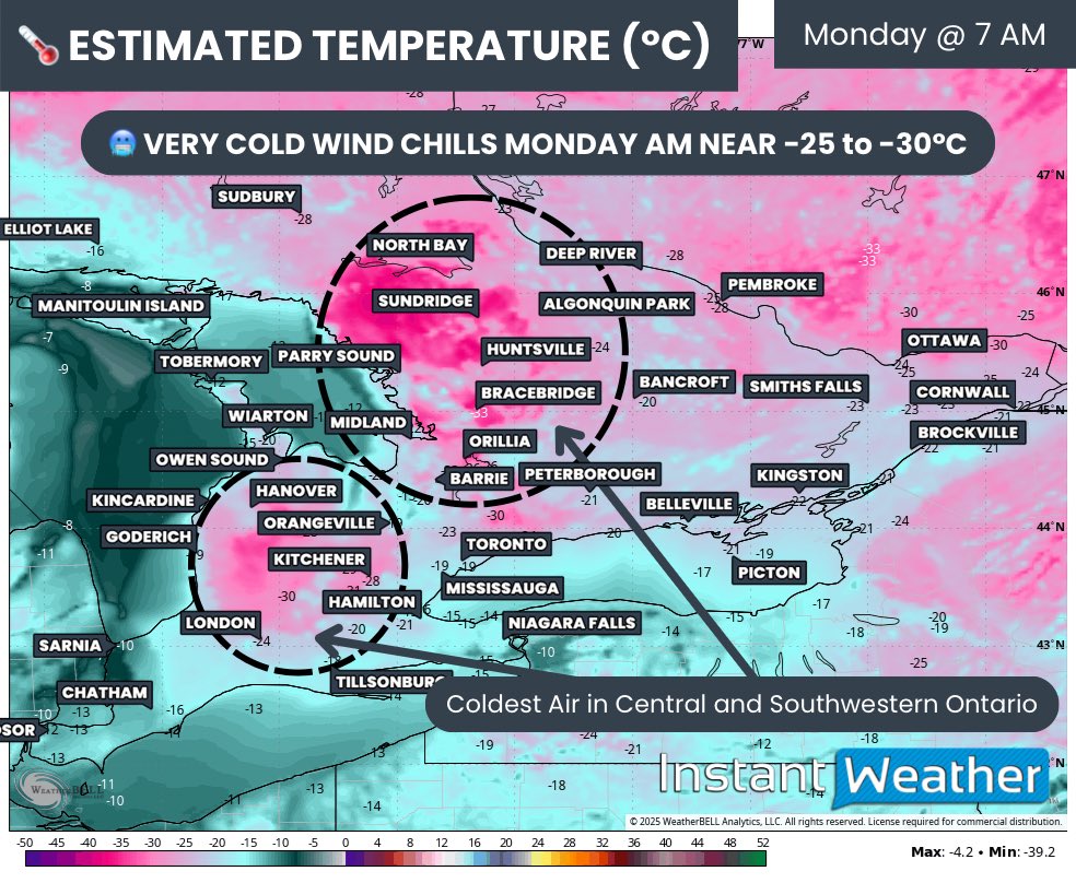 #ONStorm #ONwx 🥶 BUNDLE UP TONIGHT, SOUTHERN ONTARIO! 🥶

Don’t you miss the red map? Now we have the pink map! We’re gearing up for another polar plunge tonight as bitterly cold temperatures spill across Southern Ontario and settle in through Monday morning.

The coldest air