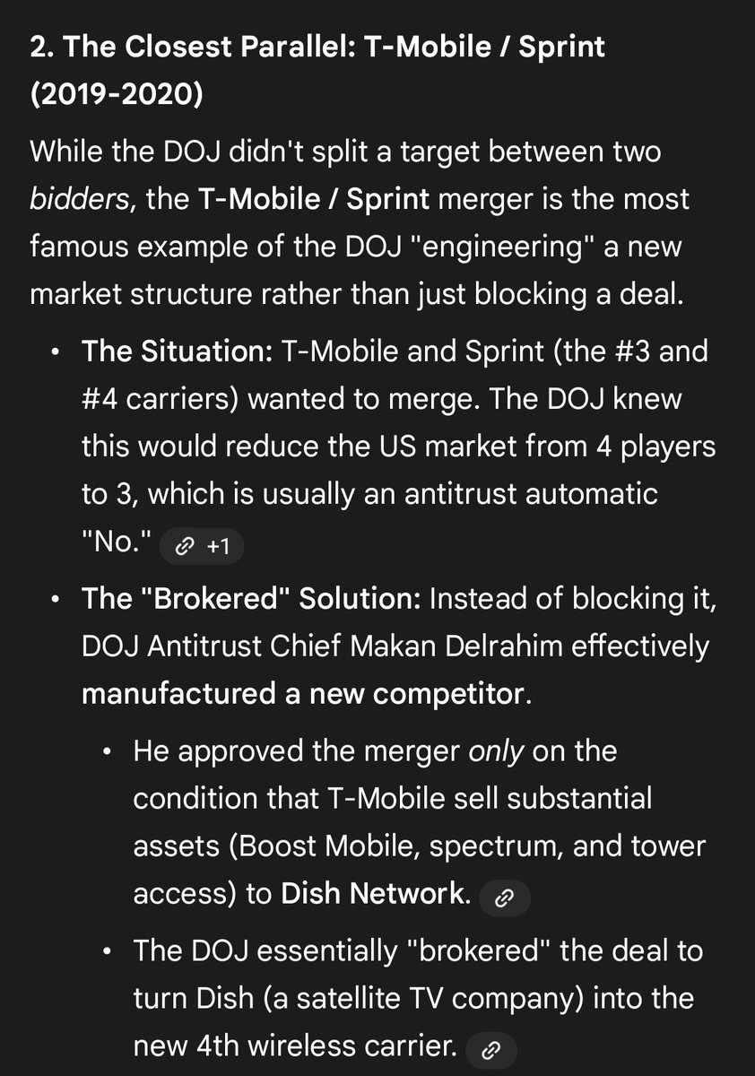 Would $NFLX &amp; DOJ entertain a divestiture of HBO Max w/gov brokered sale? $PSKY 's chief legal officer, Makan Delrahim, has crafted similar remedies in the past during his time as head of DOJ antitrust 

This assumes no further counterbid from Ellison

Sprint T-Mobile parallel in