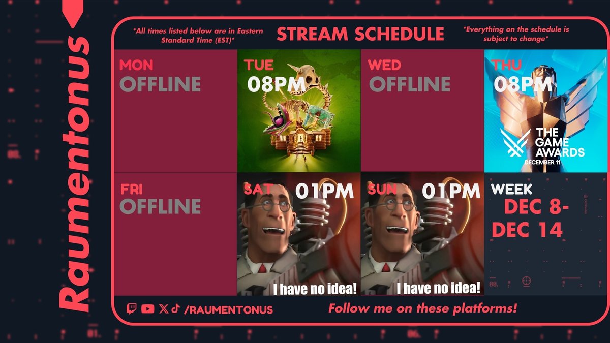 Raumentonus's tweet image. 😼⚔️STEAM SCHEDULE DEC 8-14 😼⚔️

Tue @ 8PM EST: Starting Two-Point Museum for Cozy Game Month.  

Thu @ 7:30-8PM EST: Watching The 2025 Video Game Awards. (Possibly with friends!)  

Sat &amp;amp; Sun @ 1PM EST: More Two-Point Museum or Restarting Hogwarts Legacy with Mods!