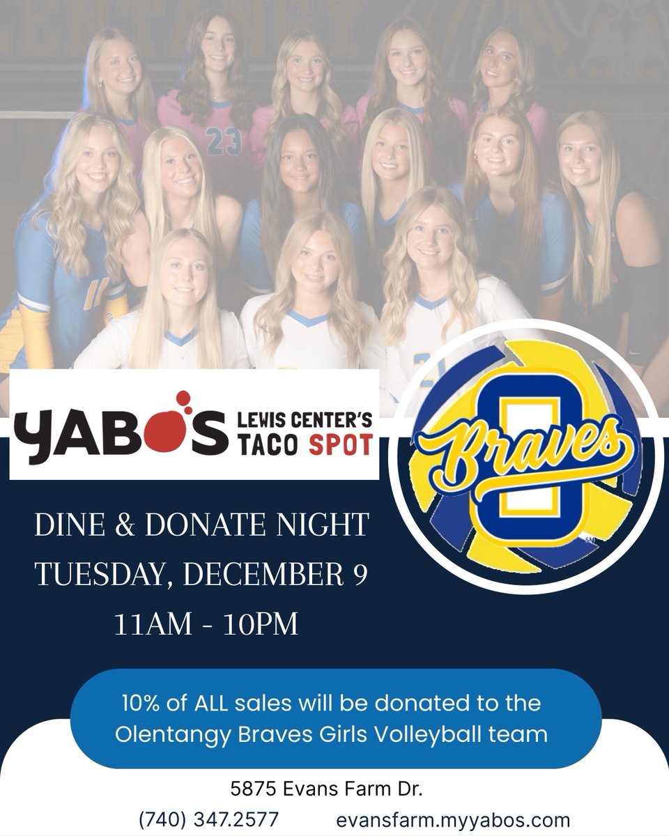 💙Dine &amp; Donate for Olentangy Girls Volleyball! 💙
Join us Tuesday, December 9 at Yabo’s Tacos for a full-day fundraiser supporting the Olentangy Braves Girls Volleyball program!
Come for dinner and stay for the Booster meeting at 7pm! #OlentangyVolleyball #GoBraves