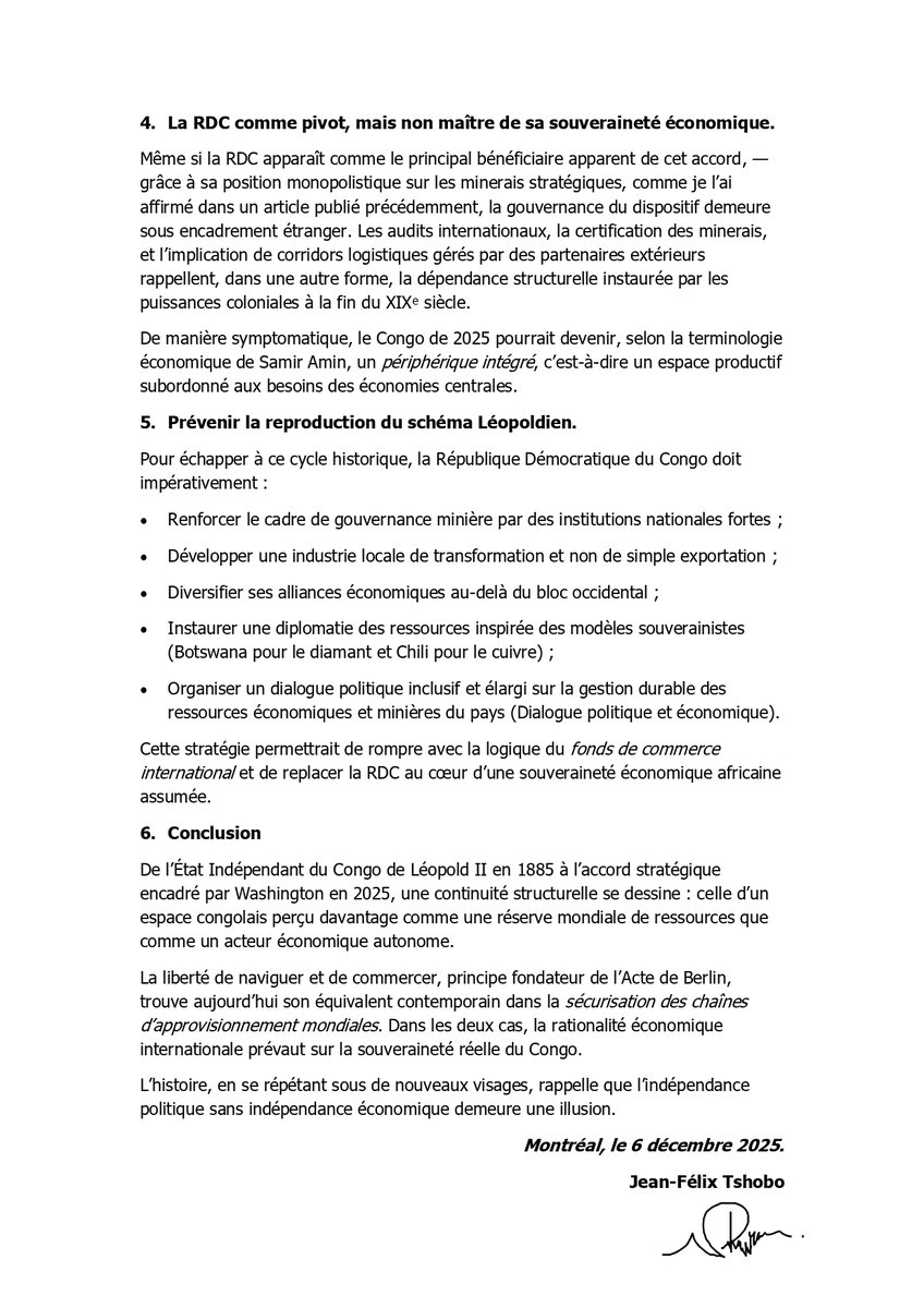 Je vous présente mon étude intitulée « De l’Acte général de Berlin de 1885 au Partenariat stratégique américain de 2025 », qui adopte une approche historico-critique.
