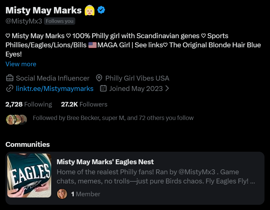 MistyMx3's tweet photo. Misty May Marks' Eagles Nest Community in now available! This is a Restricted Community where I will approve you. This is the Home of the realest Philly fans! Ran by @MistyMx3 . Game chats, memes, no trolls—just pure Birds chaos. Fly Eagles Fly! #EaglesNest #GoBirds https://t.co/cZJ9RLmouC