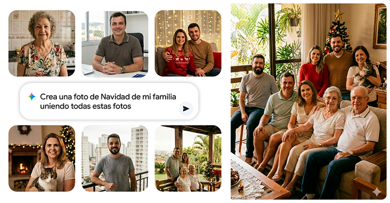 🎄✨ ¡ESTE AÑO NADIE SE QUEDA FUERA DE LA FOTO!

Con #NanobananaPRO puedes subir las fotos de tu familia y Gemini las unirá en una sola imagen.

GUARDA este PROMPT: “Crea una foto de Navidad de mi familia uniendo todas estas fotos” y crea recuerdos que perdurarán en el tiempo.
