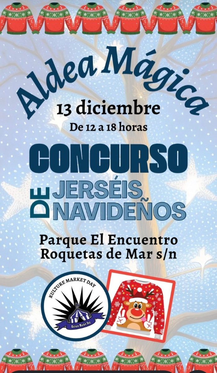 Además nuest@s compis de <a href="/KultureMarket/">Kulture Market</a> nos invitan el próximo domingo a su #KultureMarketDayNavideño
con una jornada llena de
actividades🪅
concursos🧥
juegos🪄
actuaciones🎶
sorpresas🎊
y mucha, mucha ilusión🤗
📆14/12
⏰️12:00➡️18:00h
📍#ParquedelEncuentro
¡Venid y disfrutad!