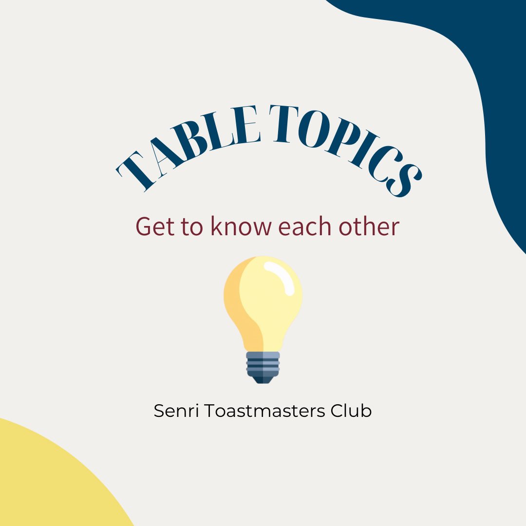 SenriTmc's tweet image. 🎙️Table Topics

Our impromptu speaking session where members respond to a topic on the spot.

Mady
#senritoastmastersclub
#toastmasters #tabletopics
#即興スピーチ　#英語の練習