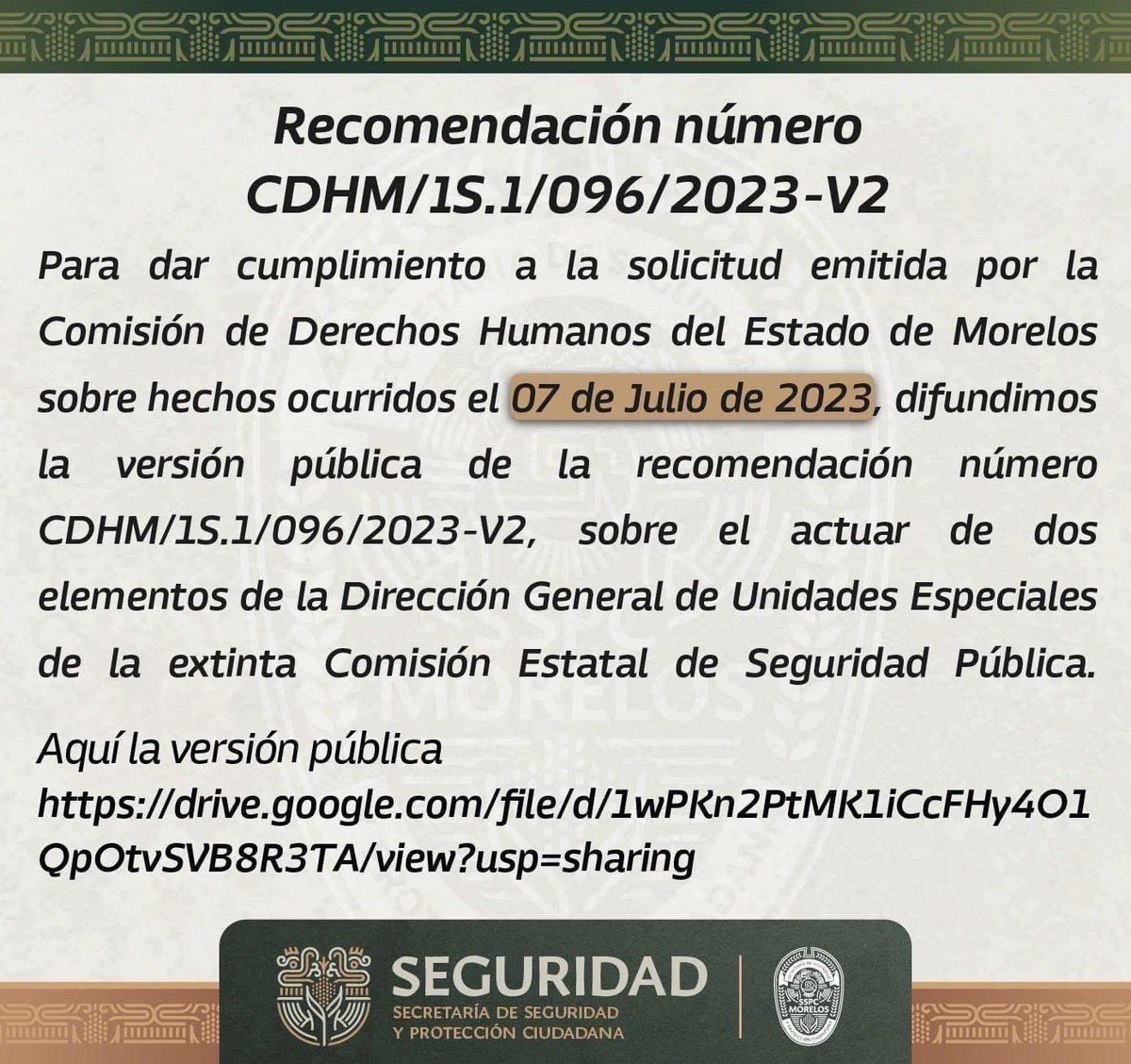 Para cumplir con la solicitud de la Comisión de Derechos Humanos de Morelos sobre hechos del 7 de Julio de 2023, difundimos la recomendación
CDHM/1S.1/096/2023-v2, sobre actuar de 2 elementos de la Dir. Gral. de Unidades Especiales de la extinta CES.

drive.google.com/file/d/1wPKn2P…