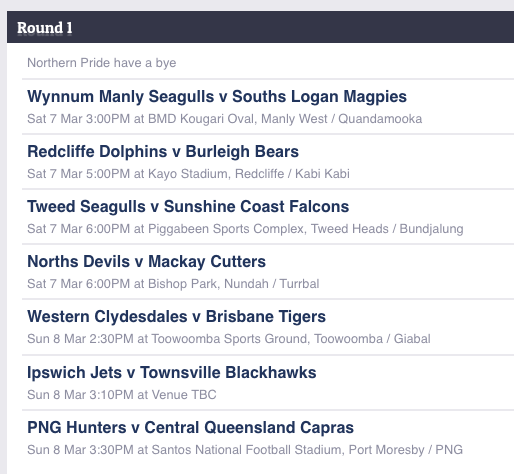 LeagueUnlimited's tweet photo. The QRL #HostplusCup fixture has been released for 2026 today.
Round 1 is below with all times venue local (AEST/PGT for all bar Tweed-Falcons which is AEDT).
We'll have the full 23-round fixture on our site soon. Stay tuned! https://t.co/pepFMT6x8m