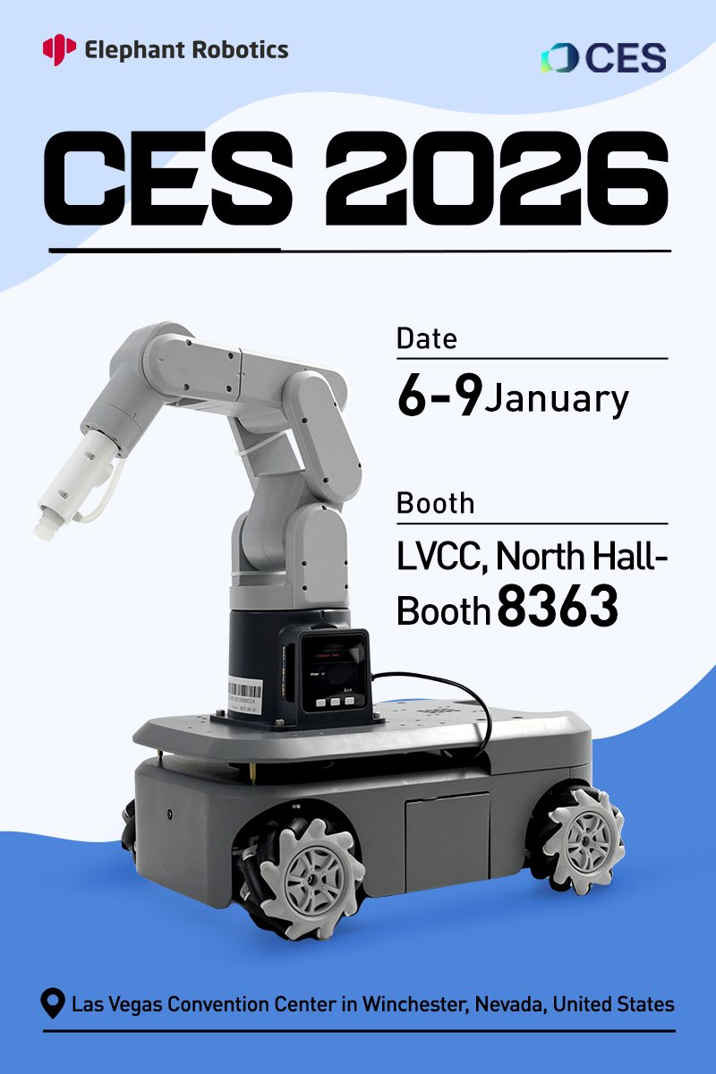 CobotMy's tweet image. 🛠️ Meet #ElephantRobotics at #CES 2026! 🛠️
📅 Jan. 6-9, 2026
 📍 #LVCC, North Hall - #Booth8363
We&apos;re bringing our latest #robotics solutions designed to inspire the creativity of tomorrow&apos;s innovators! Join us to discover how these #robots impact everyday life.
🔹Don’t miss…