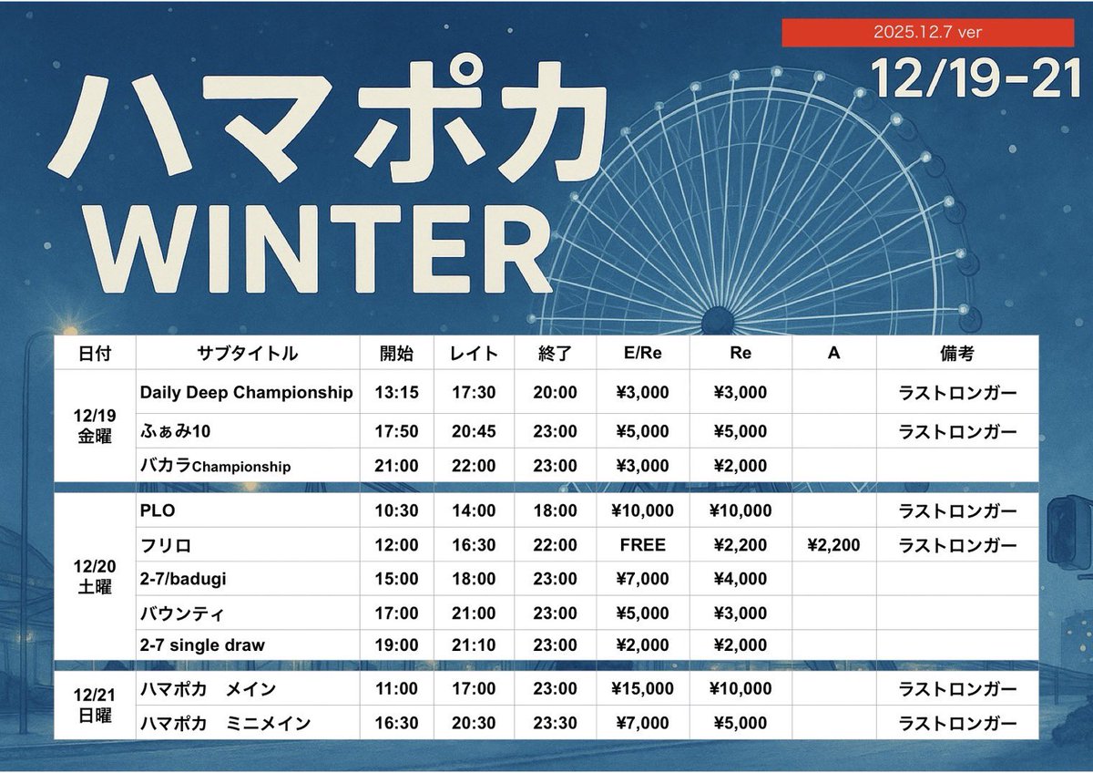 familypotykhm's tweet photo. ❄️ ハマポカ ’25 WINTER 開催！ ❄️
12/19（金）〜 12/21（日）

ファミポ最後のビッグイベント‼️

今回はオリジナルトロフィーもご用意。
“冬ハマポカ”だけの特別デザインです。

ぜひ、最後のファミポを見届けに来てください。

※⚠️画像のトーナメント時刻は変更になる可能性もございます https://t.co/rrLNkPOAp9