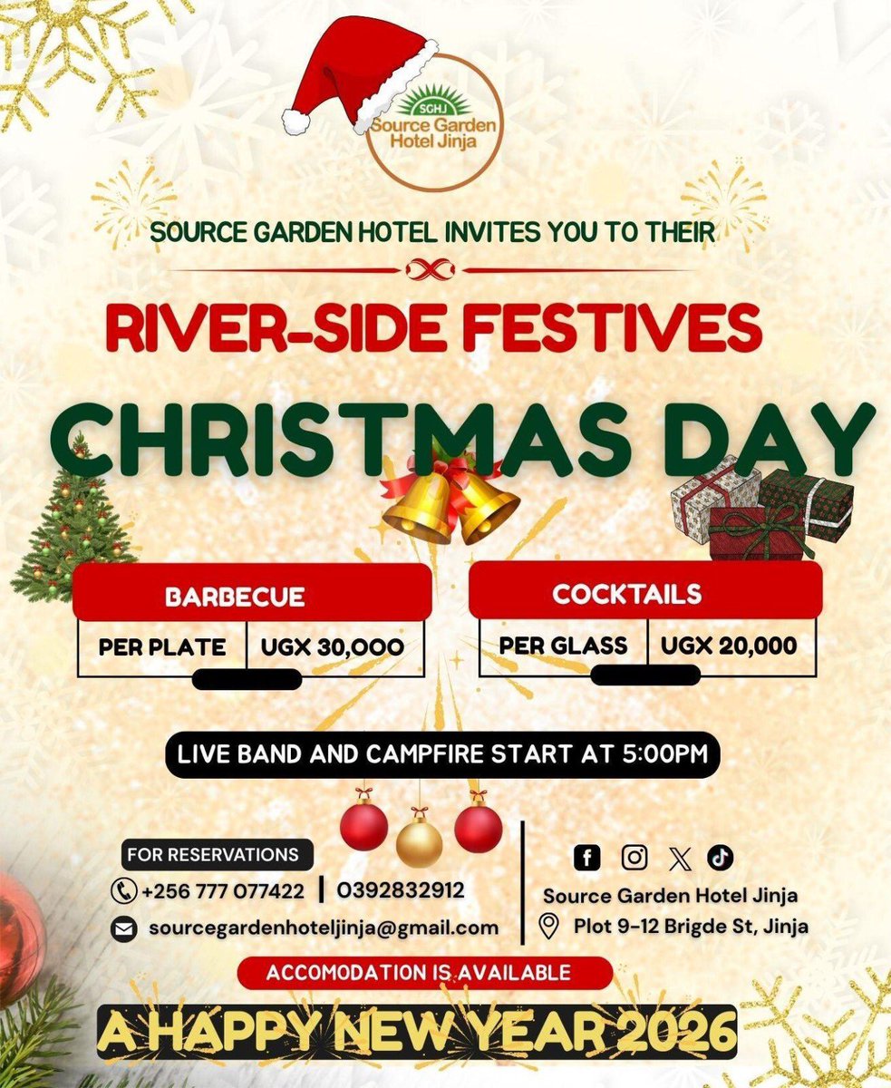 🎄 A Night Wrapped in Warmth &amp; Wonder

BBQ on the grill, cocktails in hand, music humming and the fire flowing.
Step in the glow of Christmas Day at Source Garden Hotel.🔥🍹🎄

#sourcegardenhoteljinja #christmasonthenile #campfirenights #visitjinja