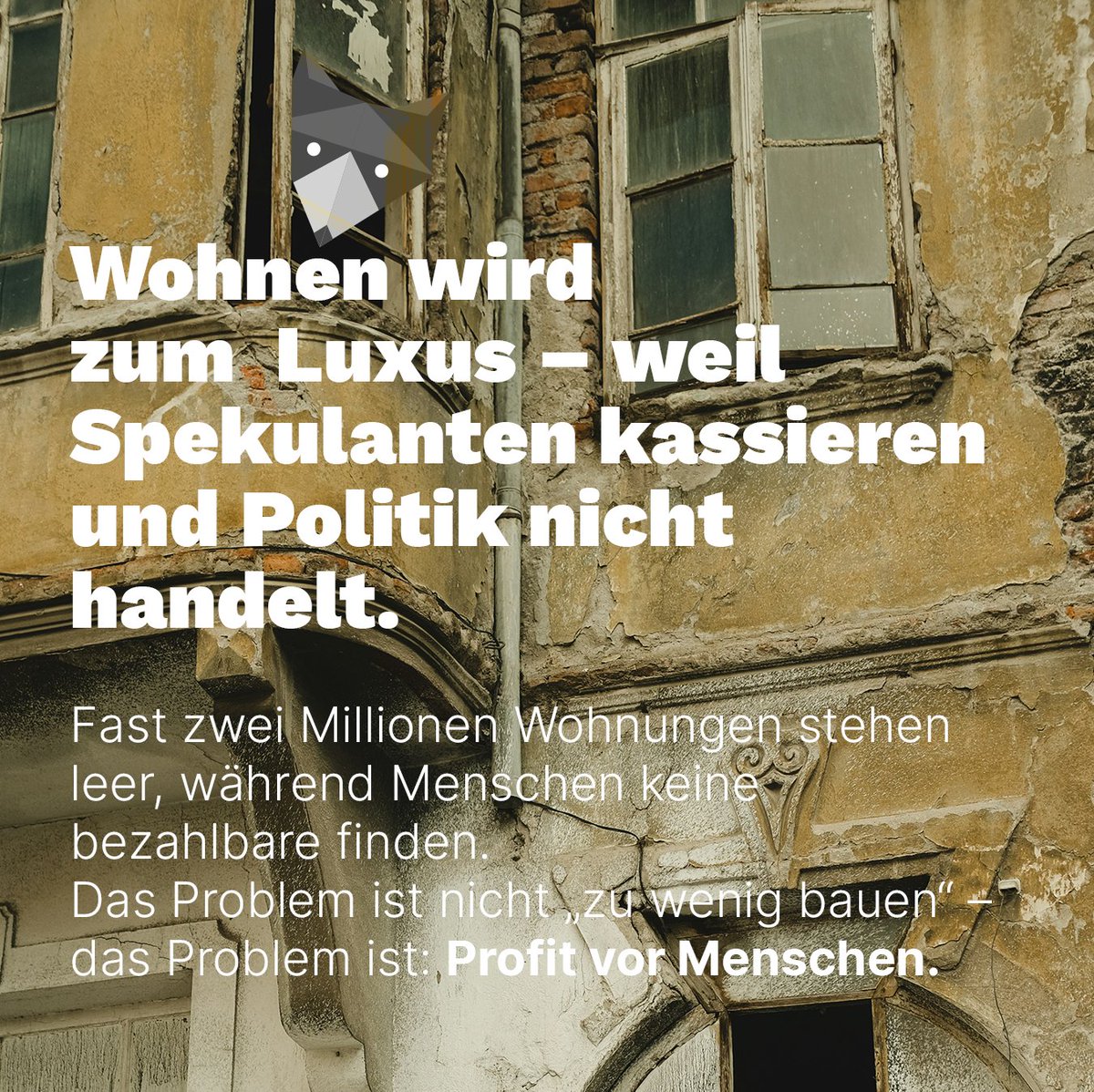 Wohnen wird zum Luxus – weil Spekulanten kassieren und Politik nicht handelt. Während Menschen keine Wohnung finden, stehen fast 2 Mio. Wohnungen leer.

Das Problem ist nicht „zu wenig bauen“.
Das Problem ist: Profit vor Menschen.

Wir kämpfen für bezahlbares Wohnen für alle.