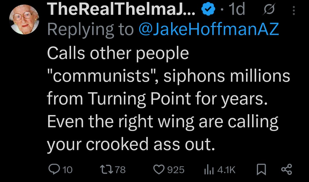 Arizona Senator Jake Hoffman hid this reply to one of his tweets.  I guess when you get checks for millions from Turning Point mailed to a business with no website and an address at a UPS Store in a strip mall, you might have something to hide.