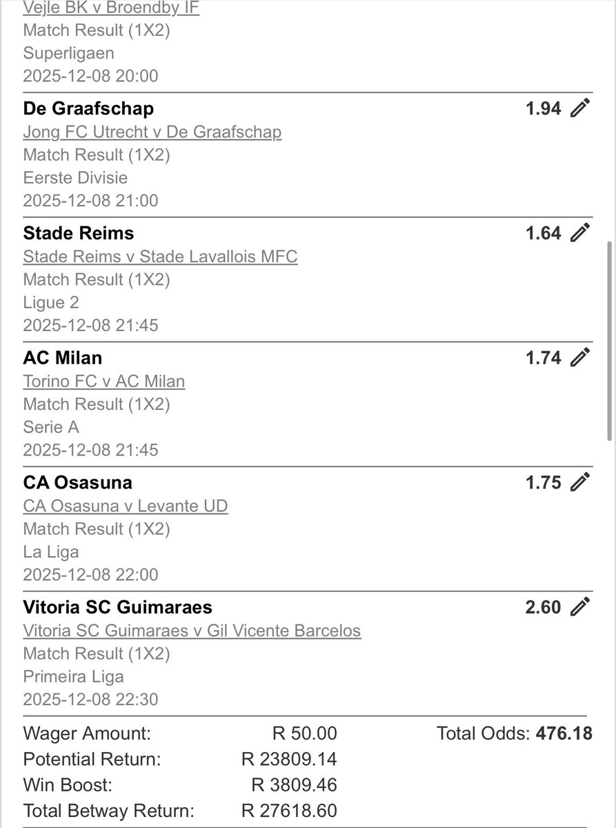 476 odds 

betway.co.za/bookabet/BW277…

Betway code - BW277F55AF

Good luck