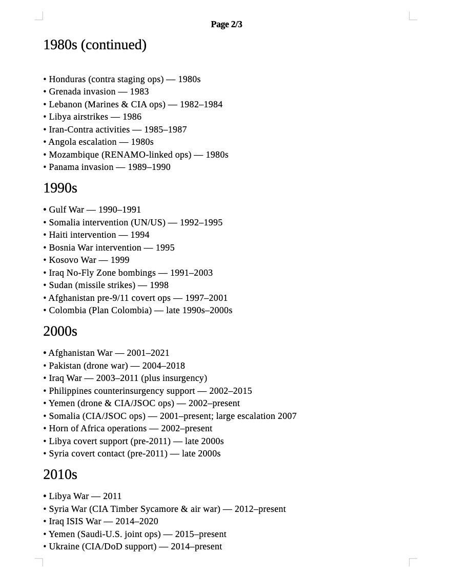 Harry39426204's tweet photo. 🇺🇸 Global U.S. Warfare Timeline (1945–2025)
#Wars, #invasions, #occupations, major #interventions, #CIA #covert wars, proxy wars, destabilization ops, drone wars, and significant paramilitary programs. https://t.co/SDWBQYRuTK