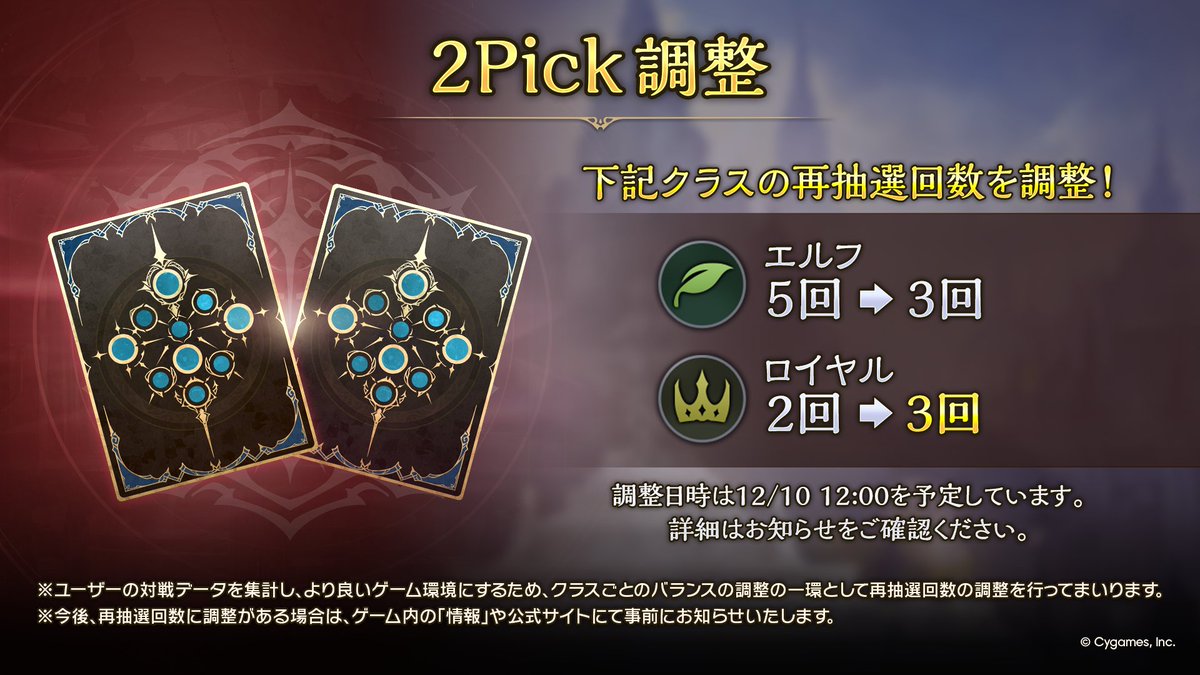 shadowverse_jp's tweet photo. 【2Pick調整】

明日12/10（水）に、2Pickにおける一部クラスの再抽選回数を変更いたします。
調整時刻などの詳細はお知らせをご確認ください。

▼詳細
https://t.co/xkNlQvbBWx https://t.co/4fp0FfBUmX