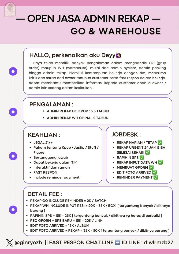 Hire! hallo yg need jasa admin REKAP FAST sender sudah open lagi nih🤩 buruan langsung booked bisa selesai sehari loh!!🙌🏻
• REKAP URGENT 24 JAM SELESAI SEHARI ✔️
• REKAP HARIAN / TETAP ✔️
• RAPIHIN SPS / REQ GFORM ✔️
more detail in here ⤵️