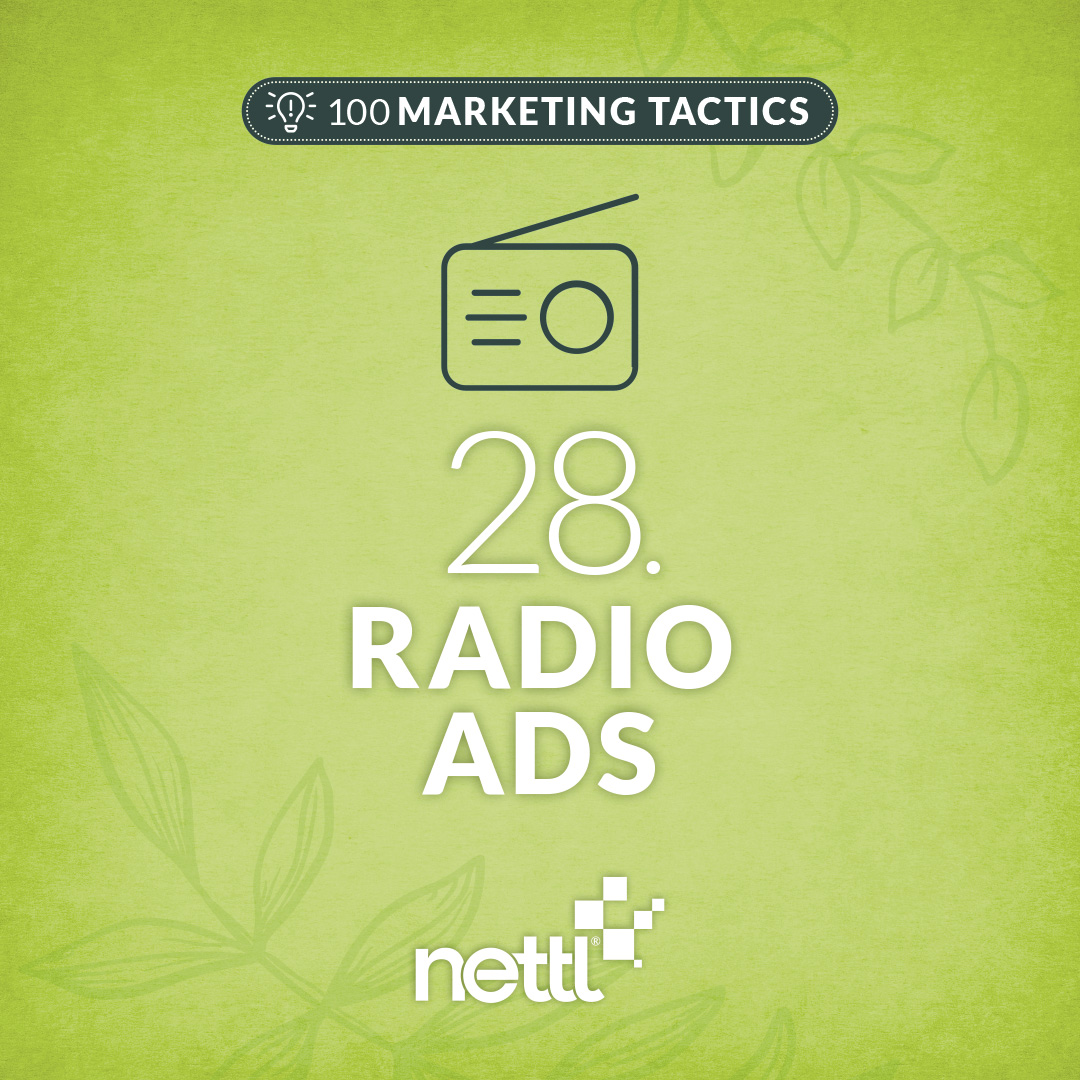 Marketing Tactic 28/100: RADIO ADS

Broad local audience? Reach thousands of prospects with targeted spots on local stations your customers actually listen to.

Use on-air competitions or offers to drive listeners to your website or store. Or have them run an event for launch.
