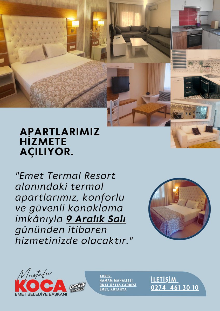 emetbelediyesi's tweet photo. Apartlarımız hizmete açılıyor.
Emet Termal Resort alanındaki termal apartlarımız, konforlu ve güvenli konaklama imkânı ile 9 Aralık Salı gününden itibaren hizmetinizde olacaktır. https://t.co/sSHe1DiYOv