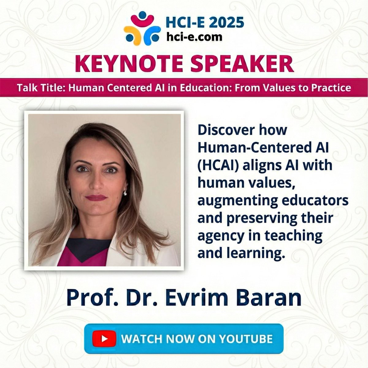 📢 KEYNOTE VIDEO ONLINE!

Watch the #HCIE2025 keynote address by Prof. Dr. Evrim Baran (<a href="/IowaStateU/">Iowa State University</a>).

📺 Title: Human Centered AI in Education: From Values to Practice

Explore HCAI, ethics &amp; educator agency 👇 youtu.be/Qy42qy93F6E?si…

#HCI #AI #EdTech #Research