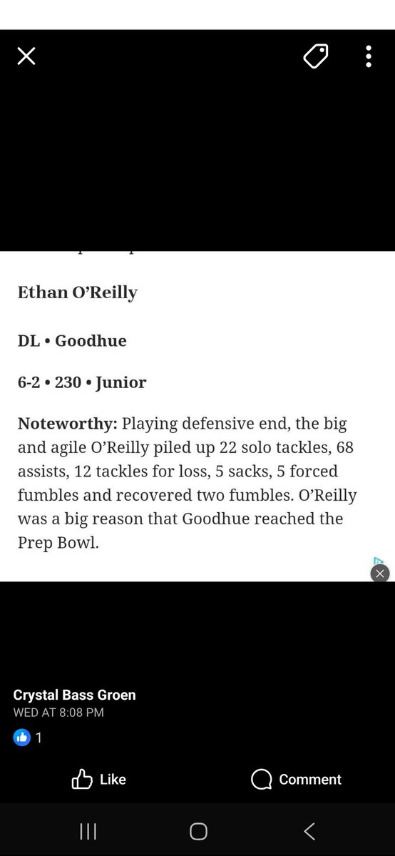 End of season football awards.
1st team All district 
1st team Post Bulletin All-Area
All District Academic Award
State runner-up in class AA
Jr season highlights soon to come.