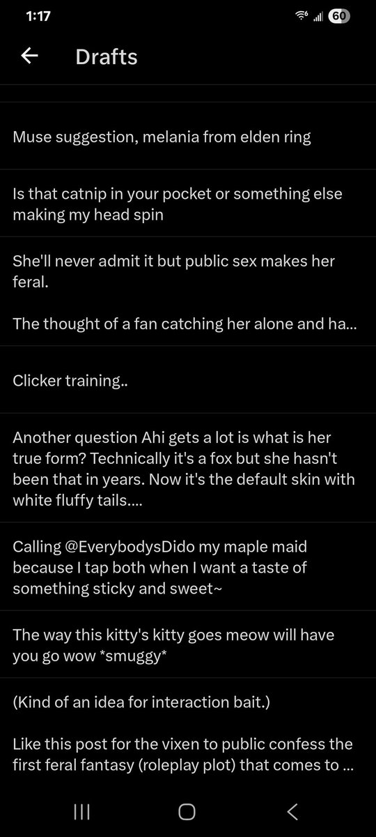 ☆ okay so next twitter based question for my adoring fans? How often do you use the drafts feature?

Personally I tend to have a horny period where I could spam 10 horny tweets but instead save some ideas as a rough draft like below.

I even have drafts that are >2 years old ._.