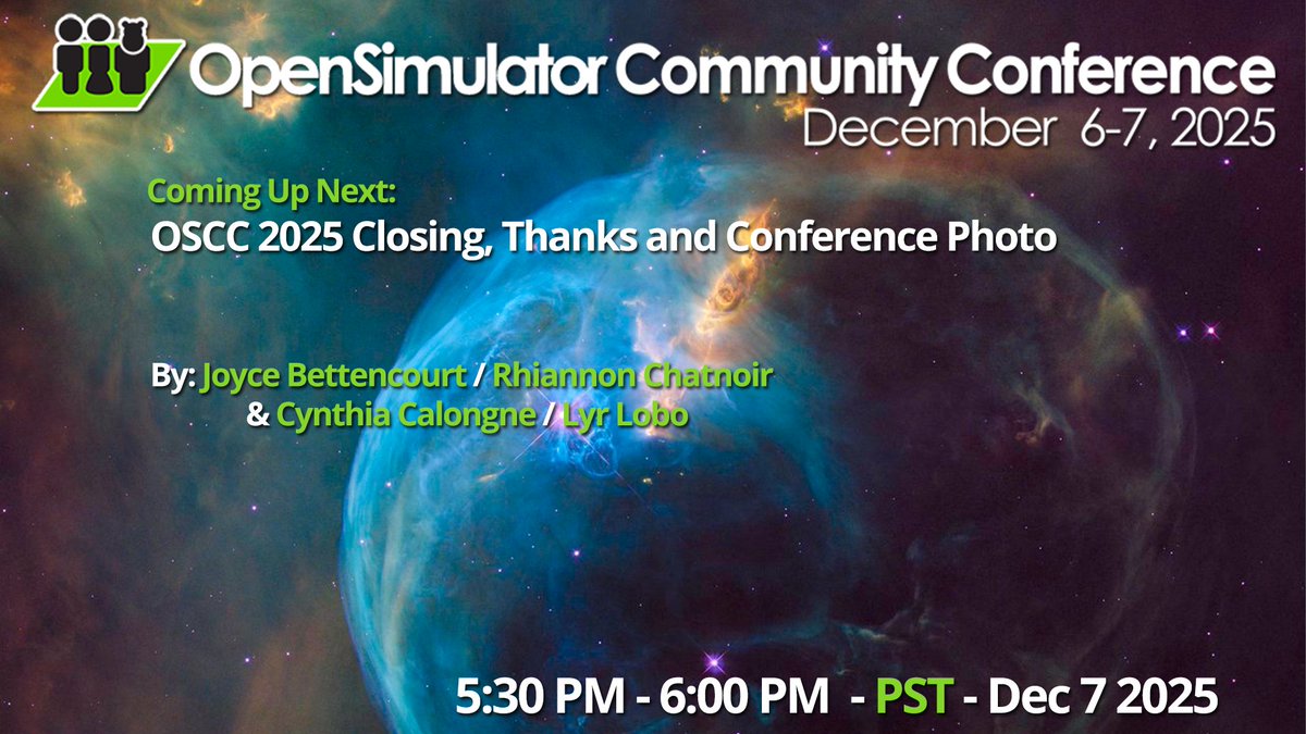 Now @ #OSCC25
OSCC 2025 Closing, Thanks and Conference Photo
By:Cynthia Calongne &amp; Joyce Bettencourt 

Hypergrid Address:  cc.opensimulator.org:8002
Or watch live: youtube.com/c/AvaconOrg/li…
#Metaverse #opensource