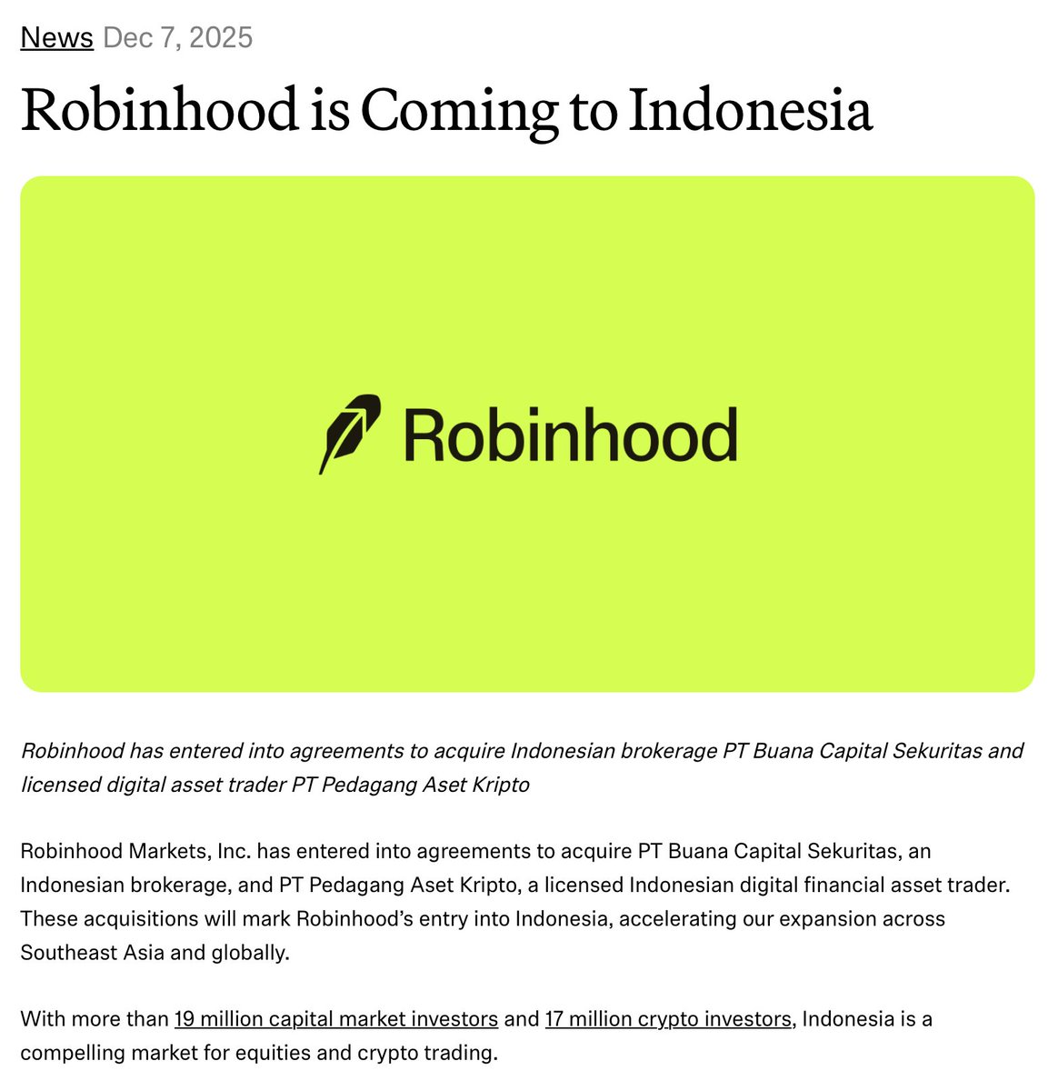 LuxAlgo's tweet image. 🚨🚨🇮🇩 Robinhood $HOOD just announced it has acquired Buana Capital to fuel expansion into Indonesia.