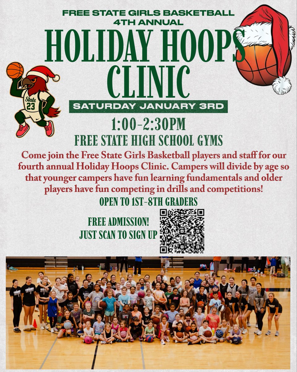 FSHSGIRLSBBALL_'s tweet image. Come have fun and work on your game with us at our fourth annual Holiday Hoops Clinic! Free and open to 1st-8th graders! 
Link to register: docs.google.com/forms/d/e/1FAI…