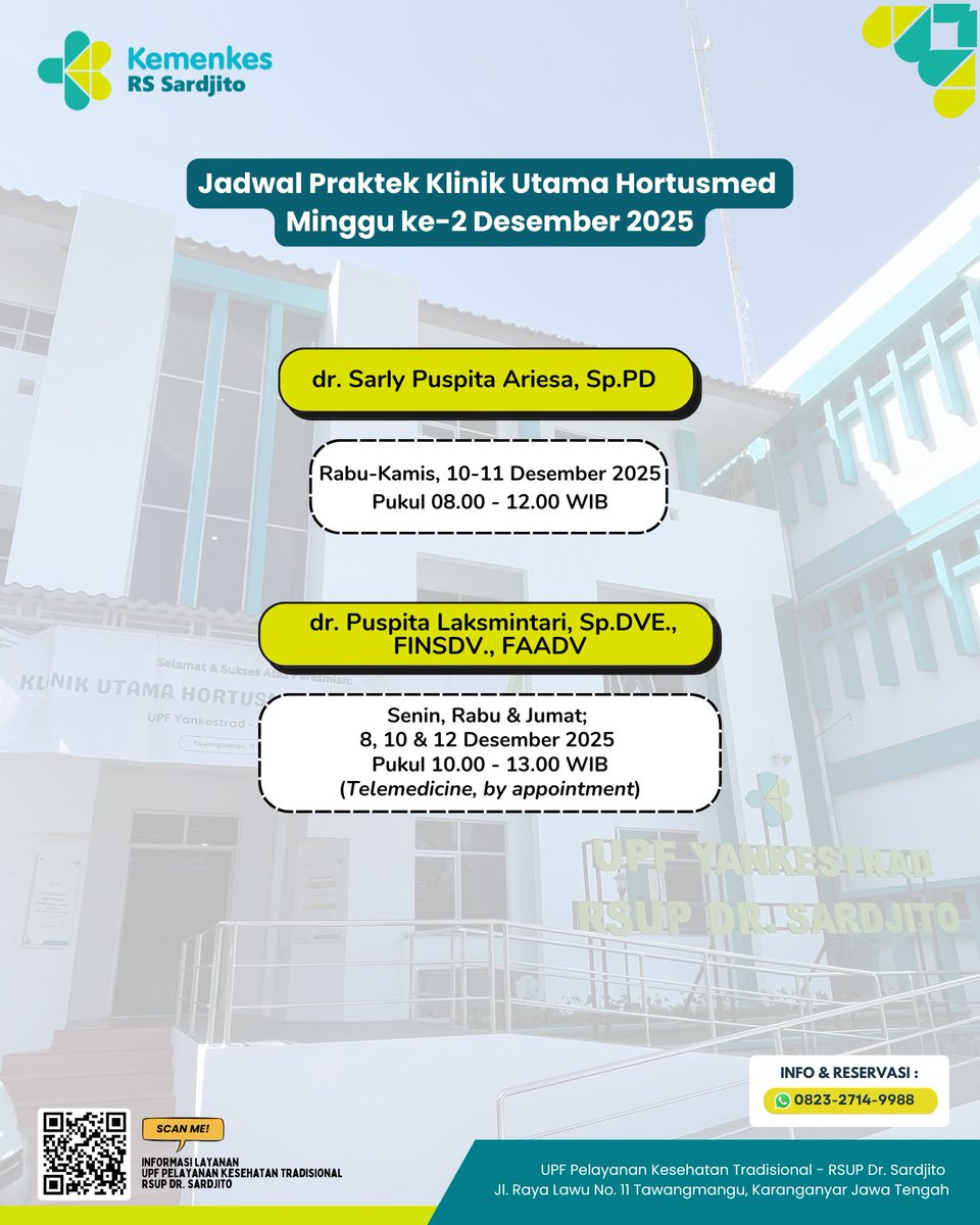 Halo Sobat Sehat Sardjito

Kami informasikan Jadwal Praktik Dokter Minggu ke-2 Desember 2025 Klinik Utama Hortusmed Tawangmangu      

Salam Sehat dari Tawangmangu

#klinikutama #spesialispenyakitdalam #spesialismata #spesialisdermatologivenereologiestetika #hortusmed