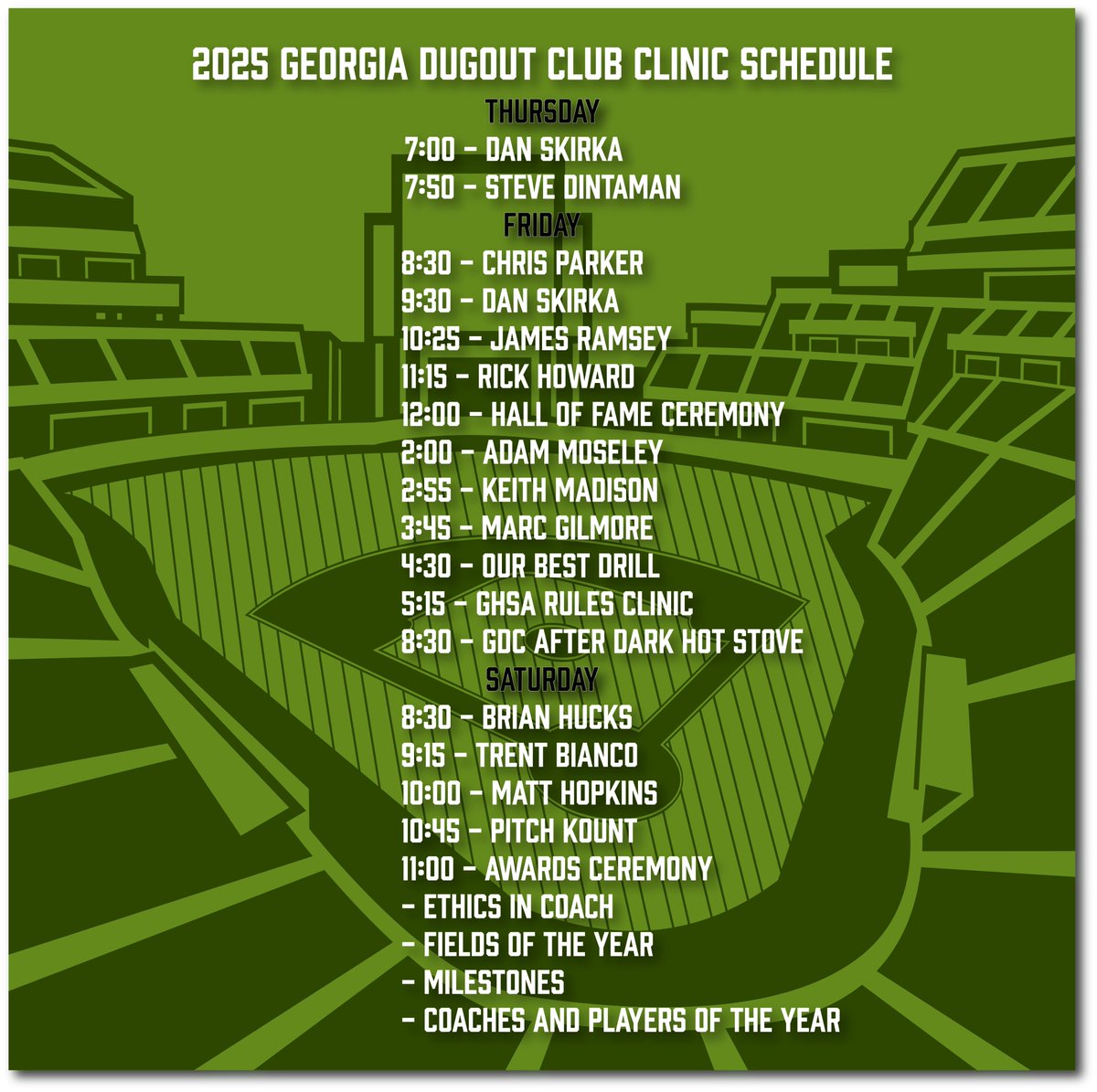 I look forward to seeing everyone at the <a href="/gdcbaseball/">Georgia Dugout Club</a> clinic this weekend.  Here is the schedule, and it's going to be a great weekend of baseball.