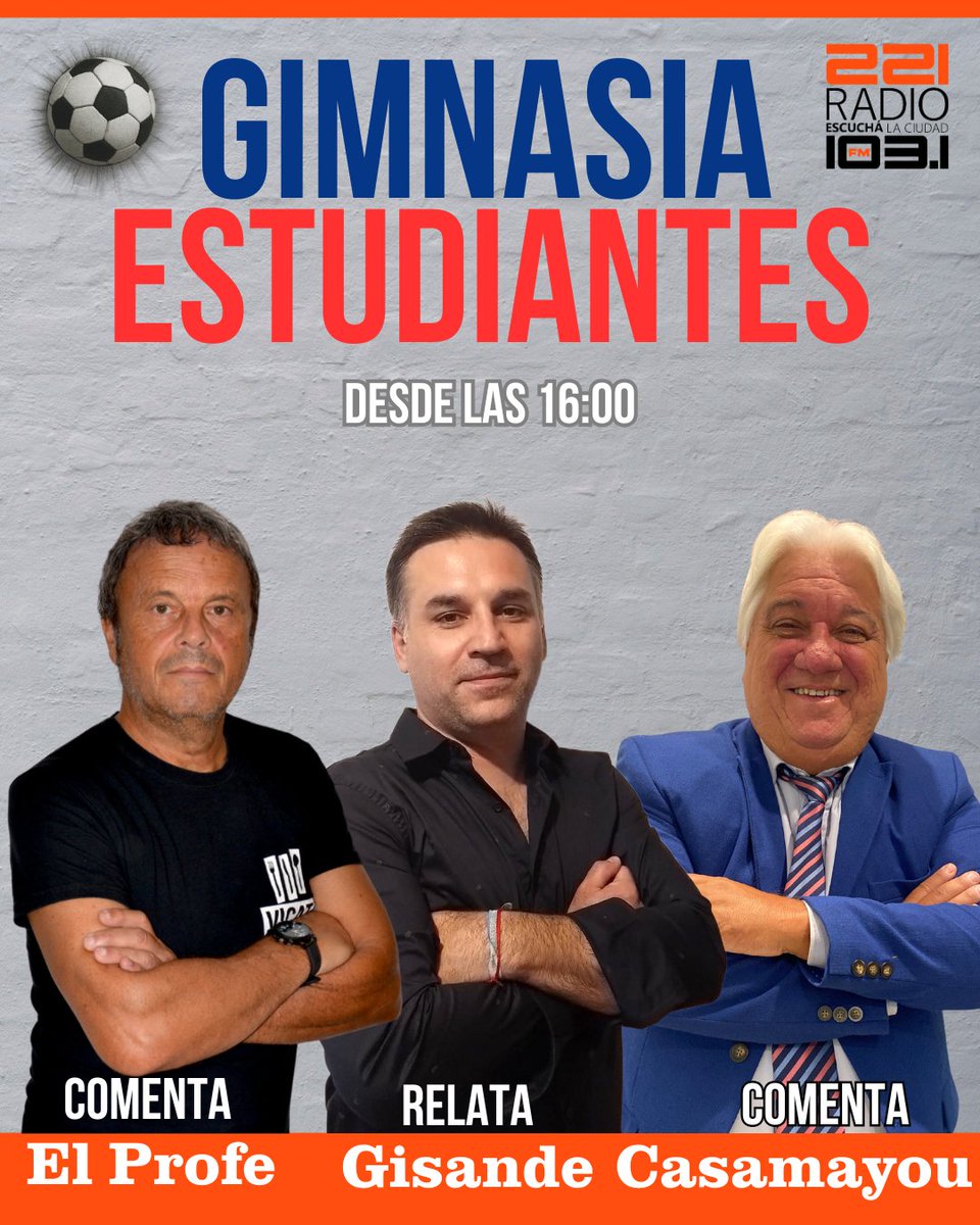 Mañana voy a relatar el #clásico de #LaPlata entre <a href="/gimnasiaoficial/">Club de Gimnasia y Esgrima La Plata</a> y <a href="/EdelpOficial/">Estudiantes de La Plata</a> por <a href="/221radio/">221 Radio 103.1</a>.

Largamos a las 12 junto a todo el equipo de #221Fútbol, y desde las 16 me acompañarán en los comentarios <a href="/ElProfesorLopez/">El Profesor Lopez</a> y <a href="/WCasamayou/">Walter Casamayou</a>. 

Vamos por FM 103.1.

Nos escuchan?