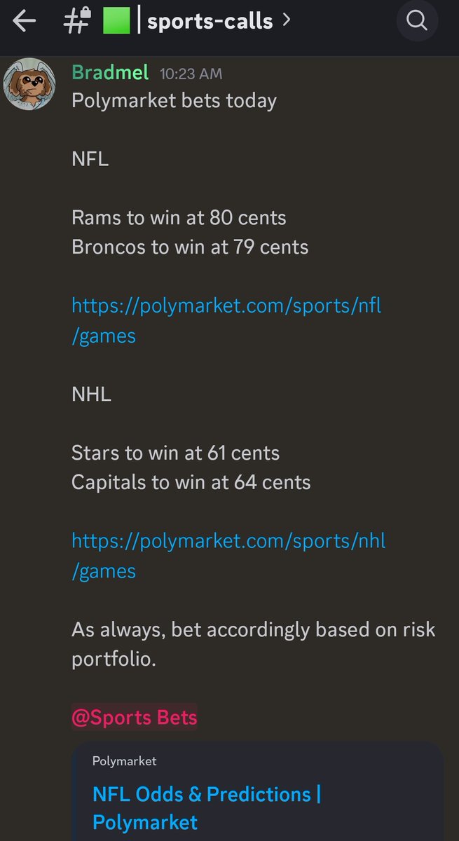elysian_nexus_'s tweet photo. Sports betting Quant

6 for 8 on UFC yesterday
3 for 3 today on NFL/NHL with one game left (Caps up 1-0 going into the third)

S/O @bradmel__ https://t.co/73Iv8TnDMY