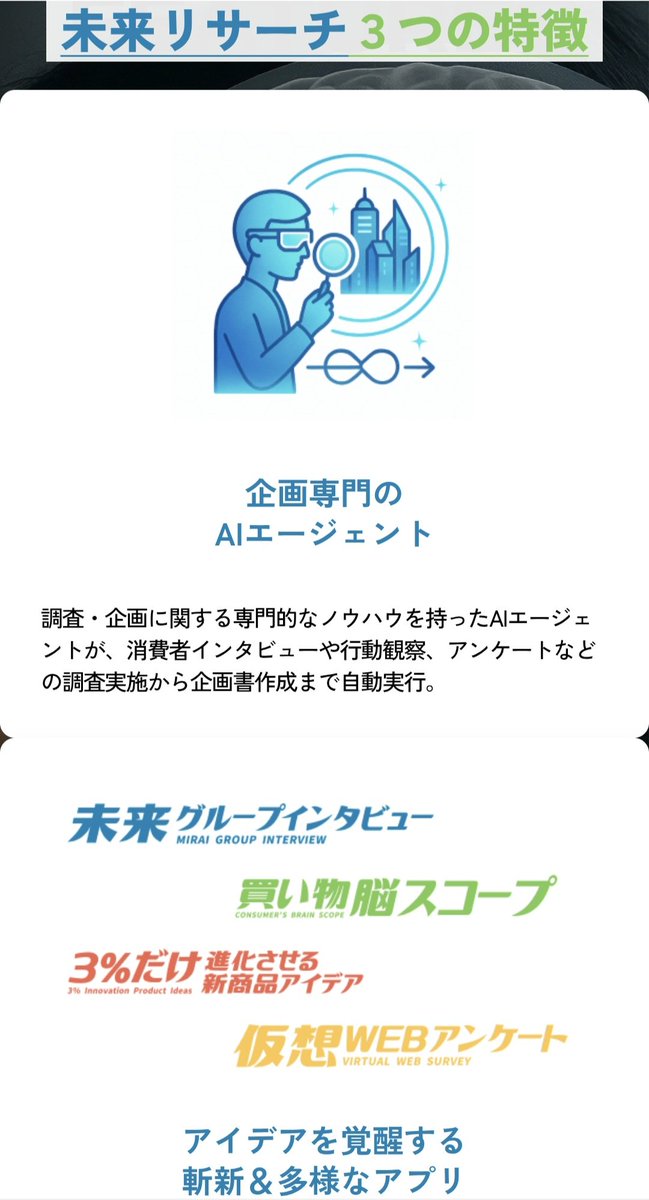 YbBvhmrPjB95310's tweet photo. 未来リサーチ｜眠った発想を覚醒させる、調査＆企画のための生成AIエージェント｜プロトタイプ公開中!

①（独自性 ×事業加速）
未来リサーチは、調査→分析→企画まで自動化する“発想エンジン”。自社知識を学習し、最短で実戦解へ。考えるスピードが市場優位に直結
#LaboroAI #未来リサーチ #生成AI https://t.co/8M5C0E0D2I