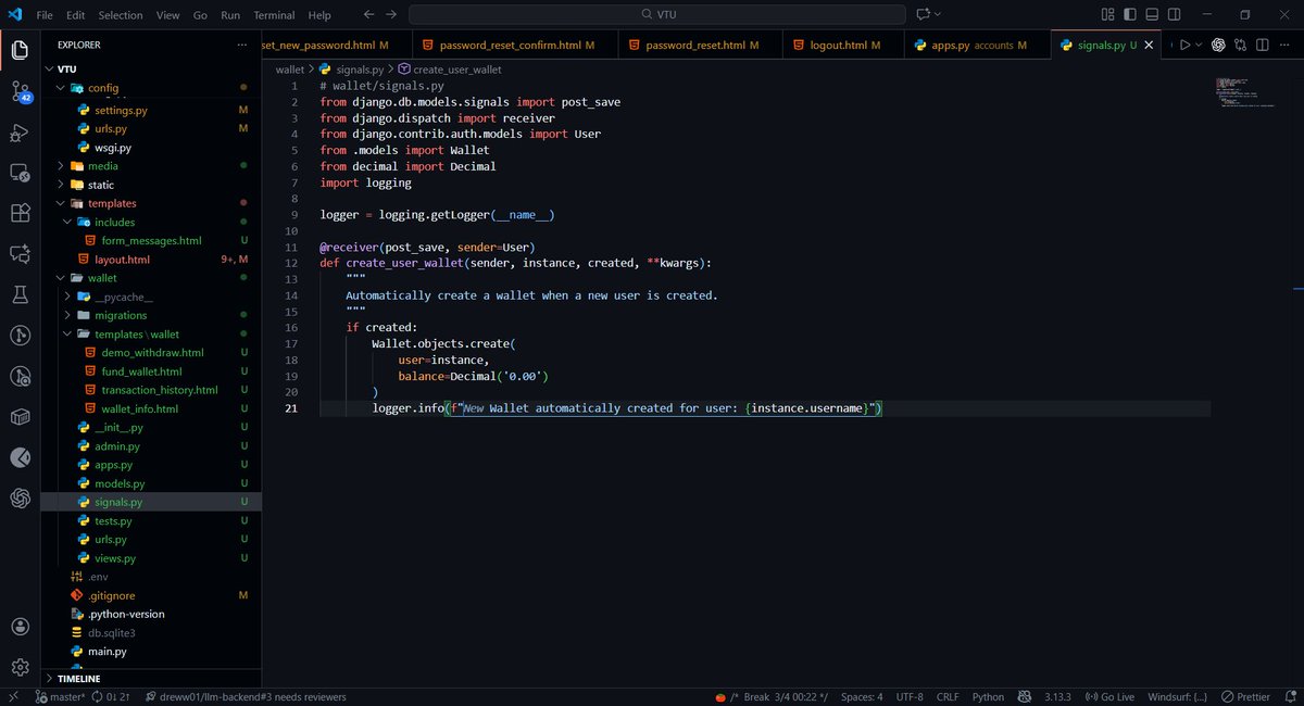 Drewfx01's tweet image. Day 24 of building with Django. 
Buildinbg a Virtual Top-up web App. 

Today I finished the payment system integration, 

I added a logout confirmation modal. Better UX 

I added a better error message handling, cleaner can industry standard. Makes it easy to debug and scale.
