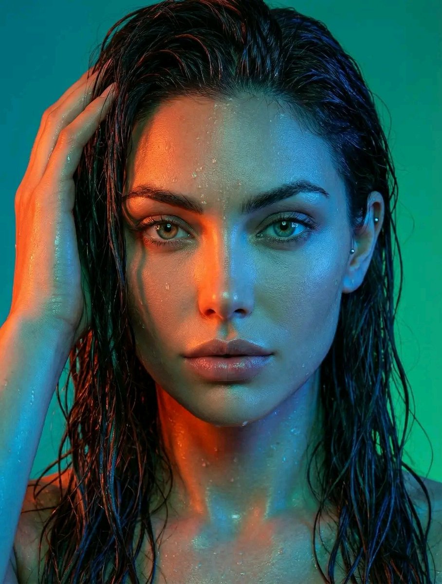 Dramatic Neon Portrait with Wet Hair and Color Contrast — example 2