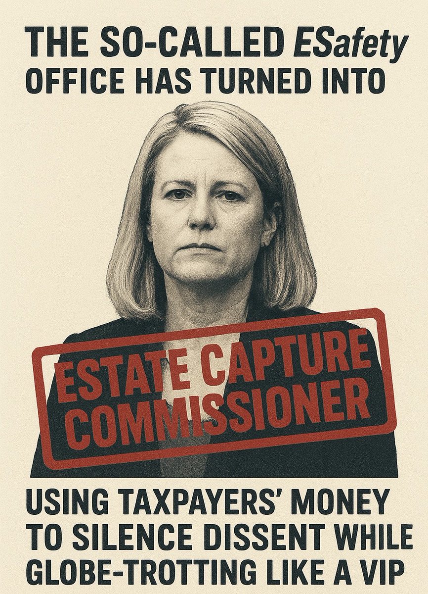 kavienna's tweet photo. @RennickGBR The so-called eSafety office has turned into the eState Capture Commissioner using taxpayers’ money to silence dissent while globe-trotting like a VIP.
22 overseas trips✈️
That’s state capture, not safety.
Abolish it.
#eStateCaptureCommissioner #auspol #FreeSpeech #ScrapIt https://t.co/fMpB3NWUzG