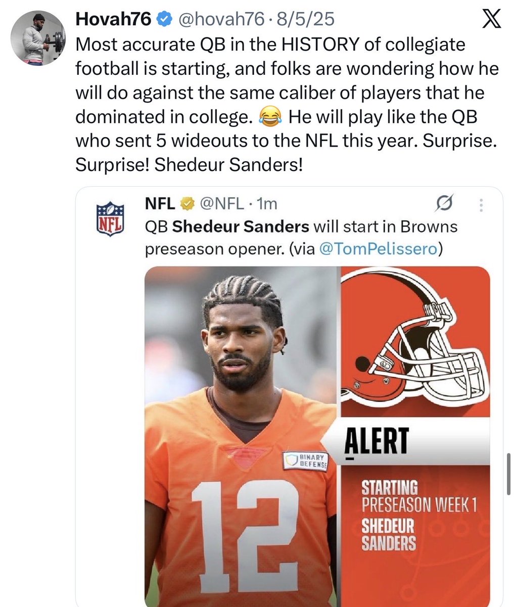 hovah76's tweet image. I posted this about Shedeur Sanders WAAAAY back in August before he went out and looked phenomenal in the FIRST PRESEASON GAME of the year!

NONE of this is surprising! He is who we THOUGHT he was!

He was ALWAYS the best player in the draft. He was ALWAYS better than Dillon…