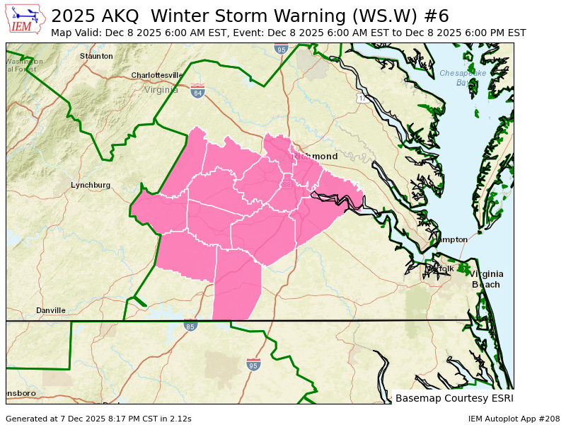 AKQ upgrades Winter Storm Watch to Winter Storm Warning valid at Dec 8, 6:00 AM EST for Brunswick, Dinwiddie, Lunenburg, Nottoway, Prince Edward [VA] till Dec 8, 6:00 PM EST mesonet.agron.iastate.edu/vtec/f/2025-O-…