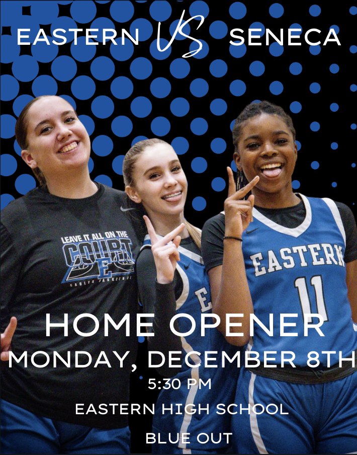 EHS_GBB's tweet photo. It’s almost time! Our home opener vs Seneca tips off tonight at 5:30 PM. Come show your support and turn the gym BLUE for our Blue Out theme! Let’s bring the energy and pack the stands! #BlueOut #EaglePride 🦅💙🏀
@athleticsEHS https://t.co/zF9AKzCEbE
